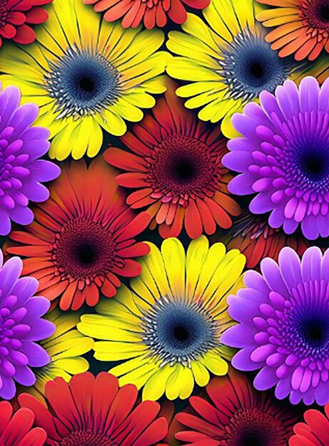 Seamless pattern background showcasing a mix of vibrant gerbera daisies with their bold and cheerful colors arranged in a playful and dynamic pattern