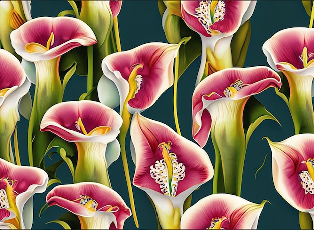 Seamless pattern background with a bouquet of elegant calla lilies with their graceful trumpetshaped blooms