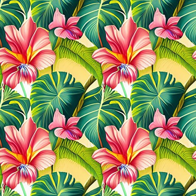 Photo seamless pattern background with a mix of tropical blooms such as hibiscus plumeria and bird of paradise flowers adding a touch of exotic vibrancy and tropical paradise