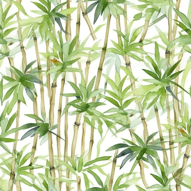 A seamless pattern of bamboo trees with green leaves on a white background.