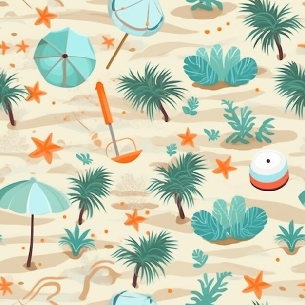A seamless pattern of beach items on a sandy beach generative ai