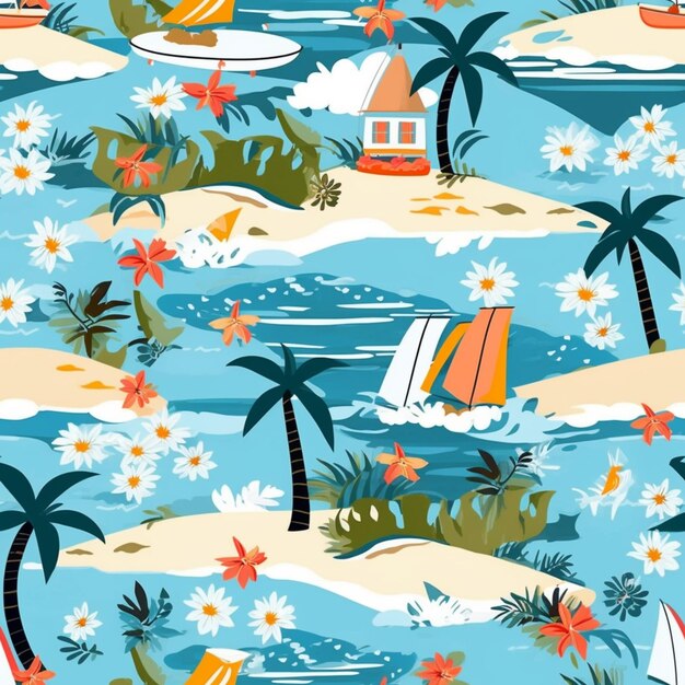 A seamless pattern of a beach with palm trees generative ai