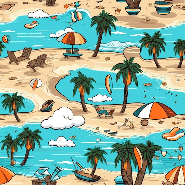 A seamless pattern of a beach with palm trees generative ai