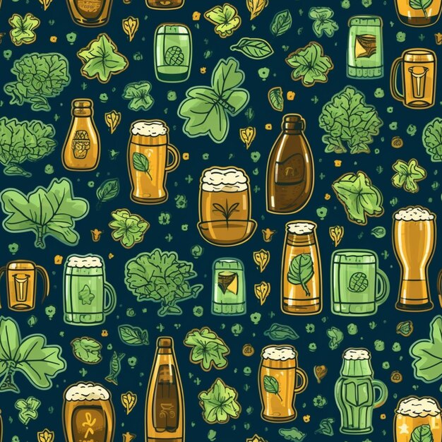 a seamless pattern of beer and beer glasses with clovers generative ai