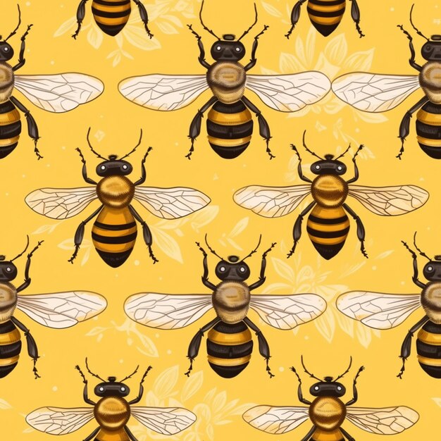 A seamless pattern of bees on a yellow background generative ai