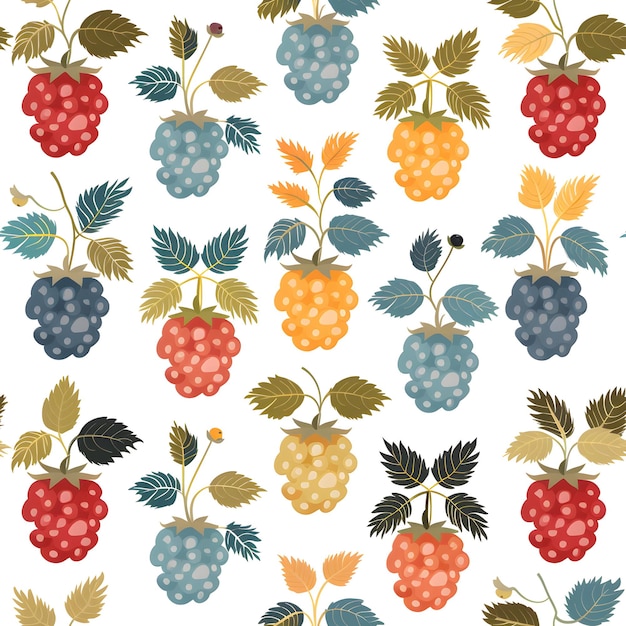 A seamless pattern of berries and leaves on a white background