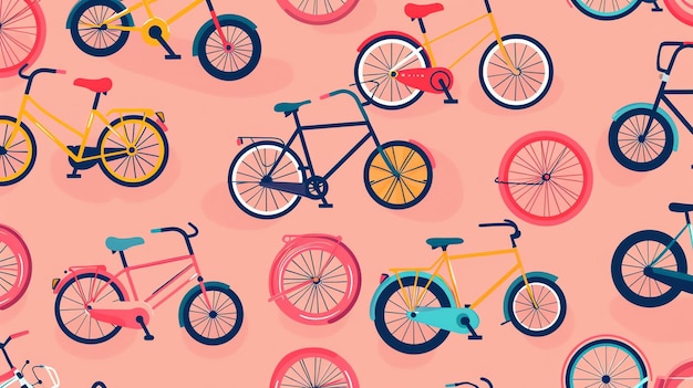 A seamless pattern of bicycles in various colors and styles The bicycles are arranged in a repeating pattern on a pink background