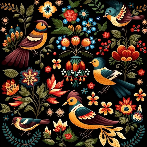 Seamless pattern of birds and flowers