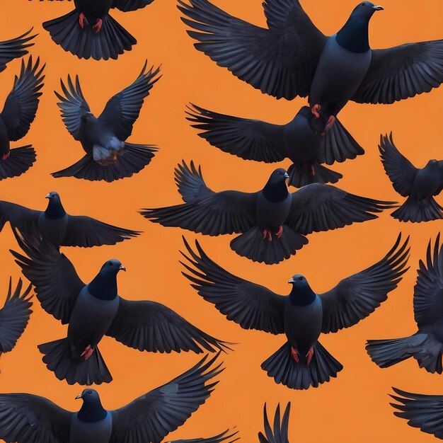 Seamless pattern of black flying pigeon on orange background