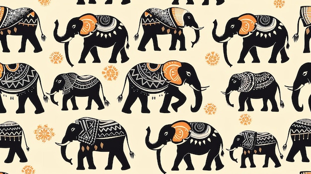 A seamless pattern of black and white elephants with orange accents