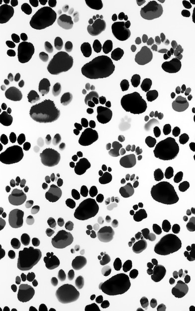 A seamless pattern of black and white paws and paw prints.