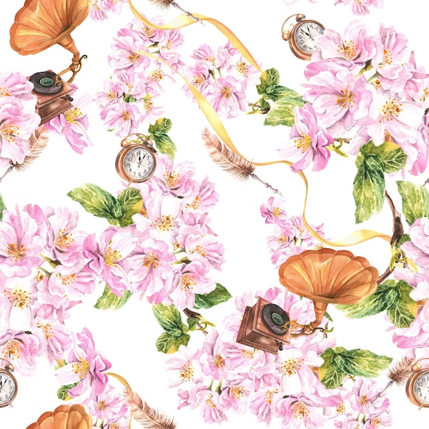 Seamless pattern blooming apple trees and vintage clocks and vintage pens Watercolor illustration