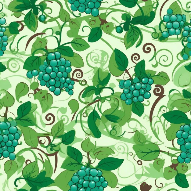 A seamless pattern of blue grapes with green leaves on a white background generative ai