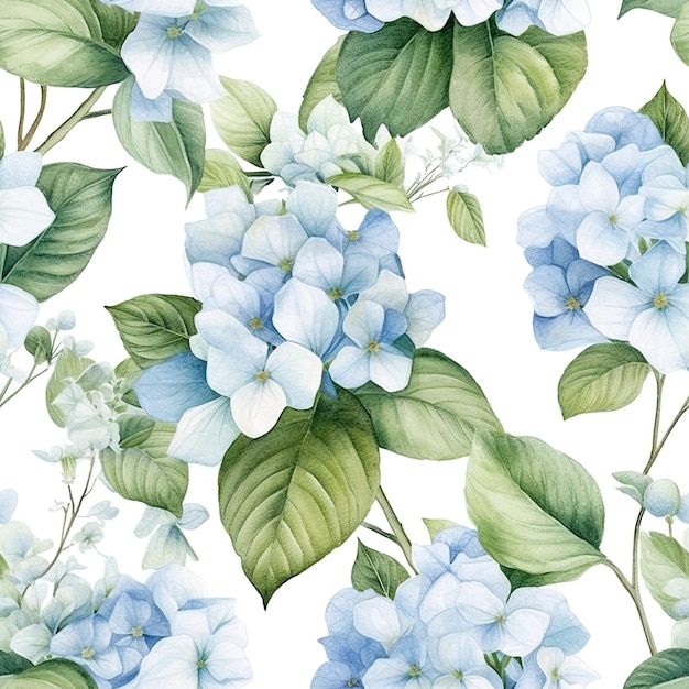 Seamless pattern of blue hydrangea flowers on a white background.