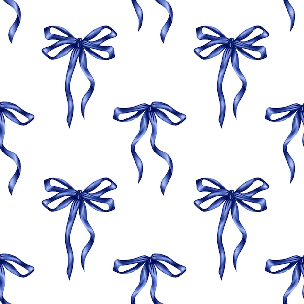 Seamless pattern of blue satin bows made of thin smooth ribbon Decorations for holidays birthdays Decorative element for holidays packaging clothing interior Digital isolated illustration