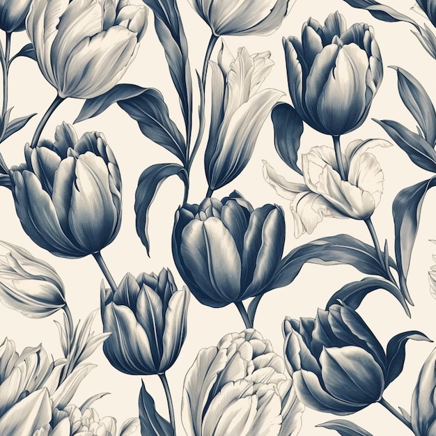 Seamless pattern of blue tulips on a light background.