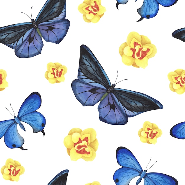 Seamless pattern Blue and violet butterfly with daffodils isolated on white Watercolor illustration for design fabrics