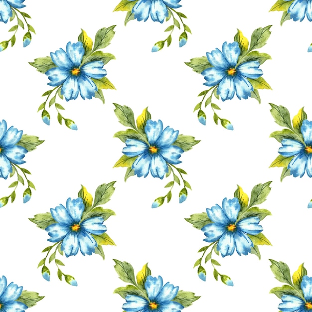 Seamless pattern of blue watercolor flowers