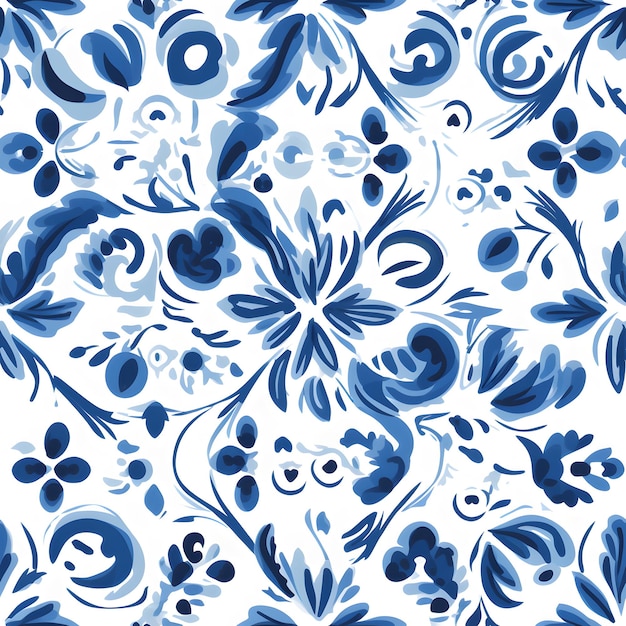 Seamless pattern blue and white floral azulejo floral ornament