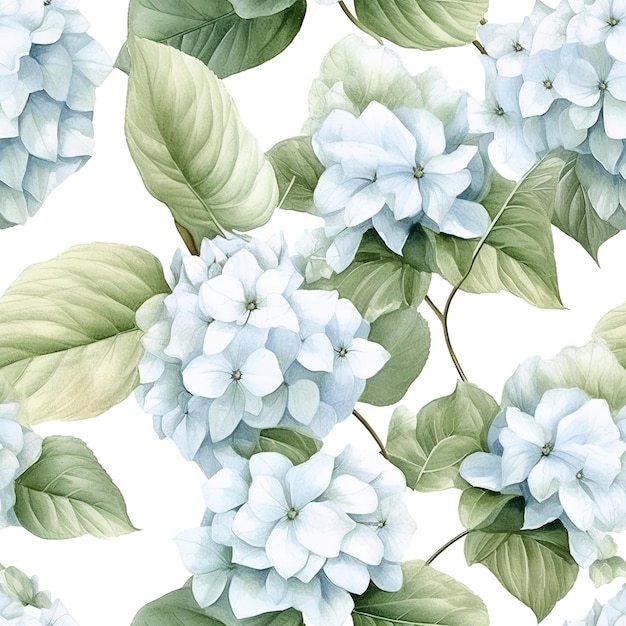 A seamless pattern of blue and white hydrangea flowers with green leaves.