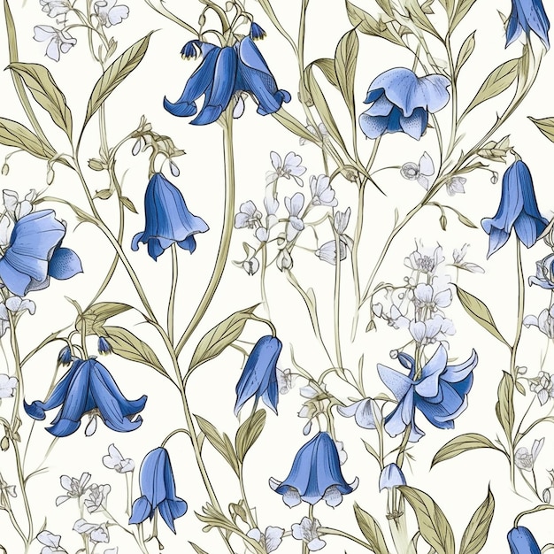 A seamless pattern of bluebells on a white background.