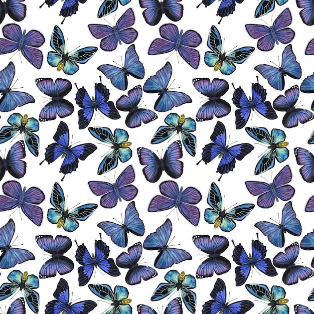 Seamless pattern blueviolet butterflies Handdrawn watercolor illustration isolated on white