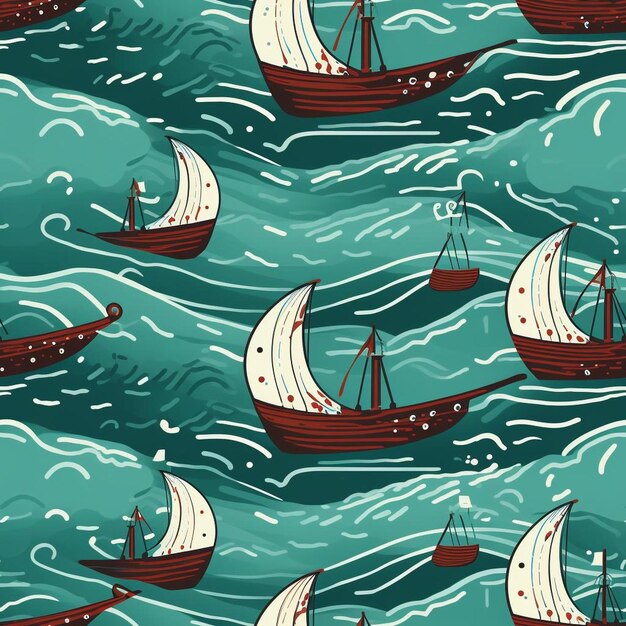 A seamless pattern of boats with sails on a blue background.