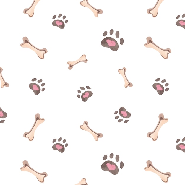 Photo seamless pattern of bone and foot watercolor illustration a dog treat veterinary medicine