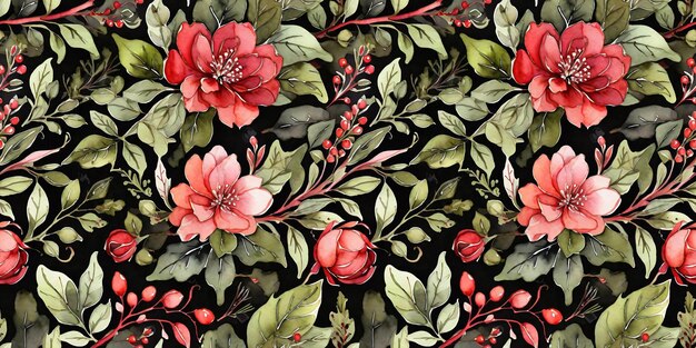 Seamless pattern botanical style greenred leavesflowers berries black backgroundGenerative AI