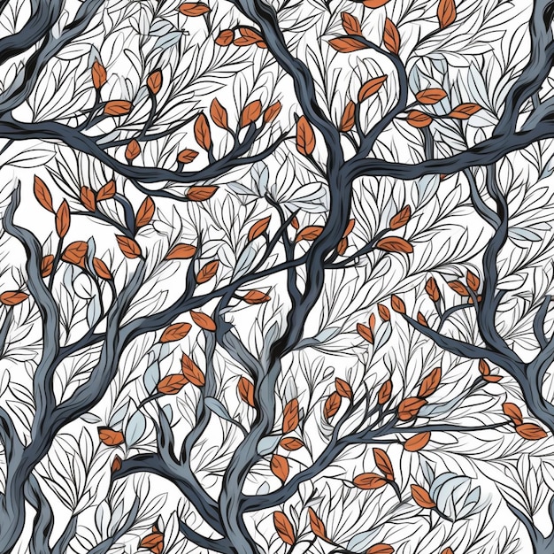 A seamless pattern of branches and leaves on a white background generative ai