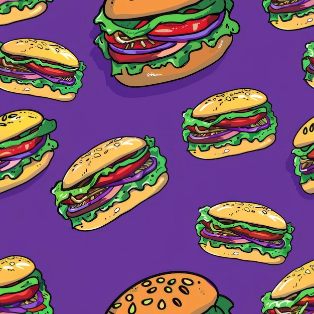 Seamless pattern burgers on purple background