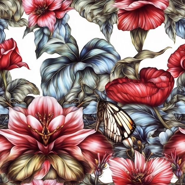 A seamless pattern of butterflies on a background of flowers.