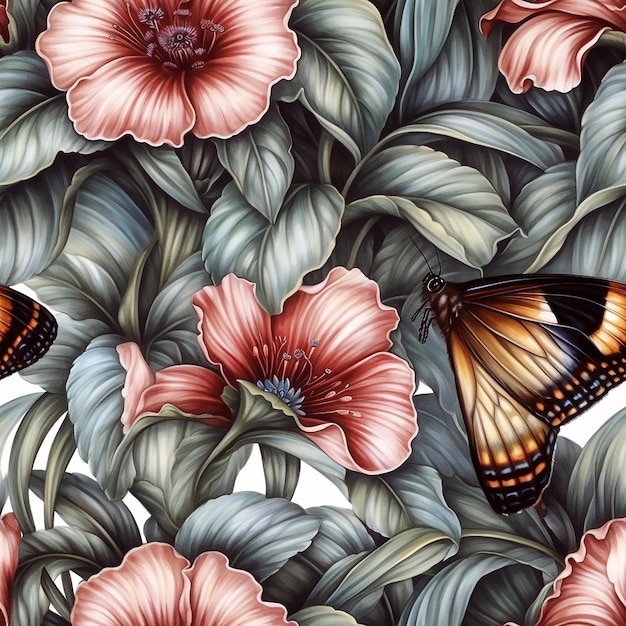 A seamless pattern of butterflies on a background of flowers