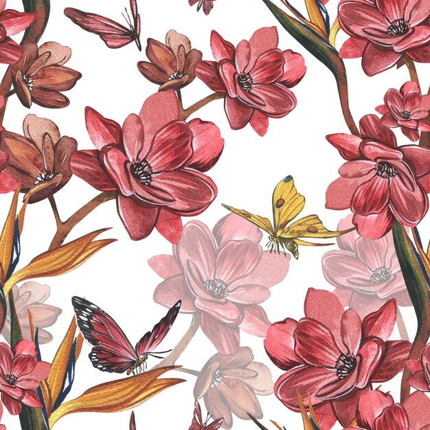 Seamless pattern butterfly red flower strelitzia isolated on white watercolor hand drawn illustratio