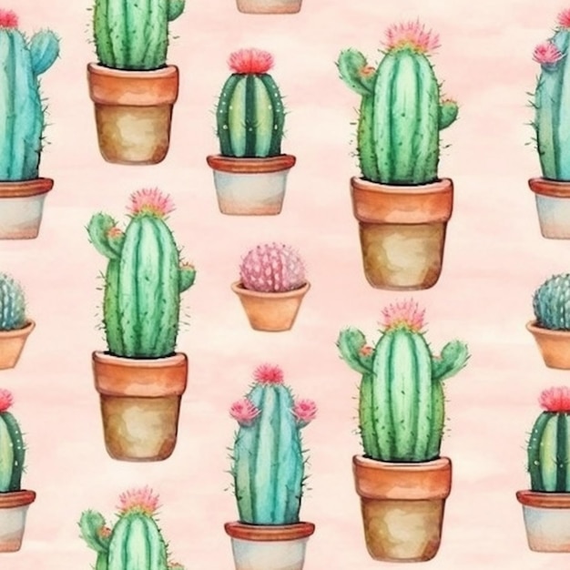 A seamless pattern of cactuses on a pink background.