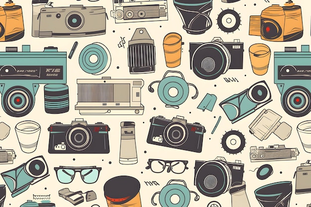 A seamless pattern of cameras and glasses.