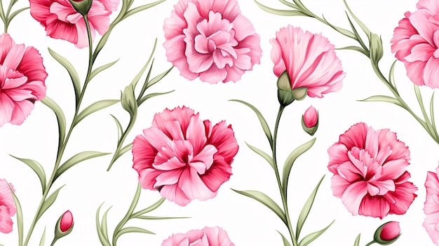 Seamless pattern of Carnation flower on white background Carnation flower texture background