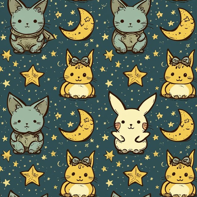 Беспрепятственный рисунок кошек и луны со звездами и луной generativ ai