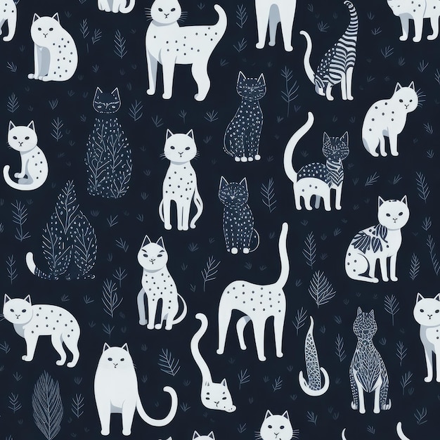 A seamless pattern of cats and plants.