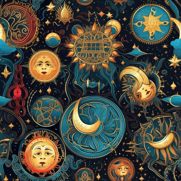 Photo seamless pattern of celestial symbols and mystical space elements