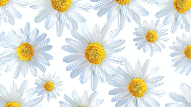 A seamless pattern of chamomile flowers on a white background The daisies are white with yellow centers and have a realistic appearance