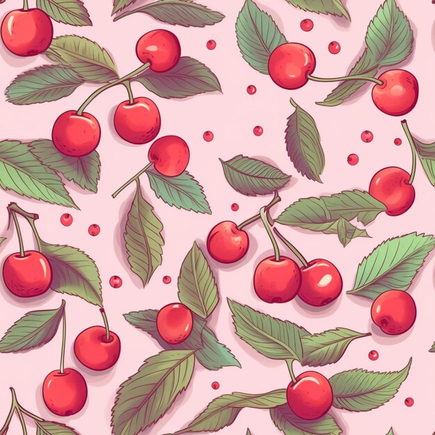 seamless pattern of cherries with leaves and berries on a pink background generative ai