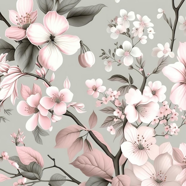 seamless pattern cherry blossom botanicals in pastel pink with light gray background wallpaper