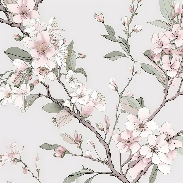 seamless pattern cherry blossom botanicals in pastel pink with light gray background wallpaper