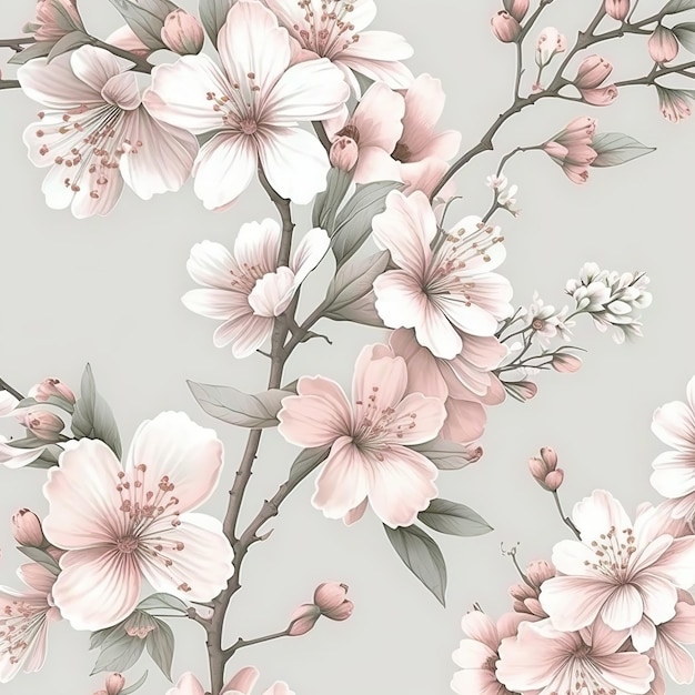 seamless pattern cherry blossom botanicals in pastel pink with light gray background wallpaper