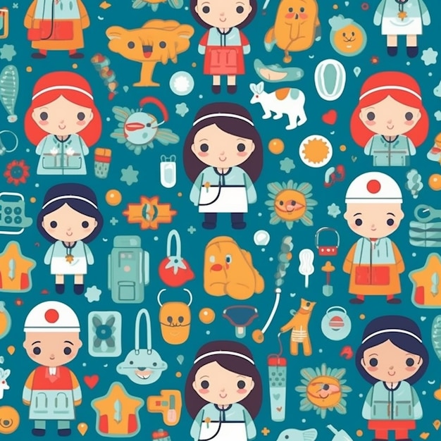 Photo a seamless pattern of children in different professions generative ai