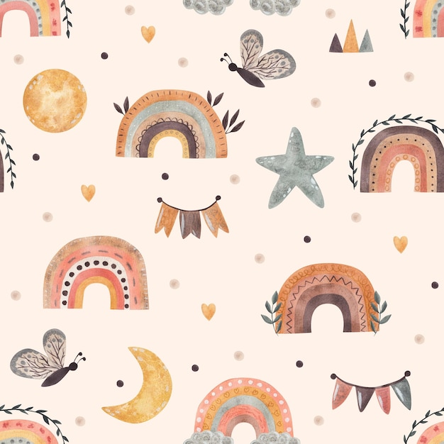 Seamless pattern in children's boho style with rainbow butterfly star Watercolor illustration