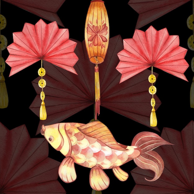 Seamless pattern for chinese new year red paper fans with gold pendants and fringe red and yellow