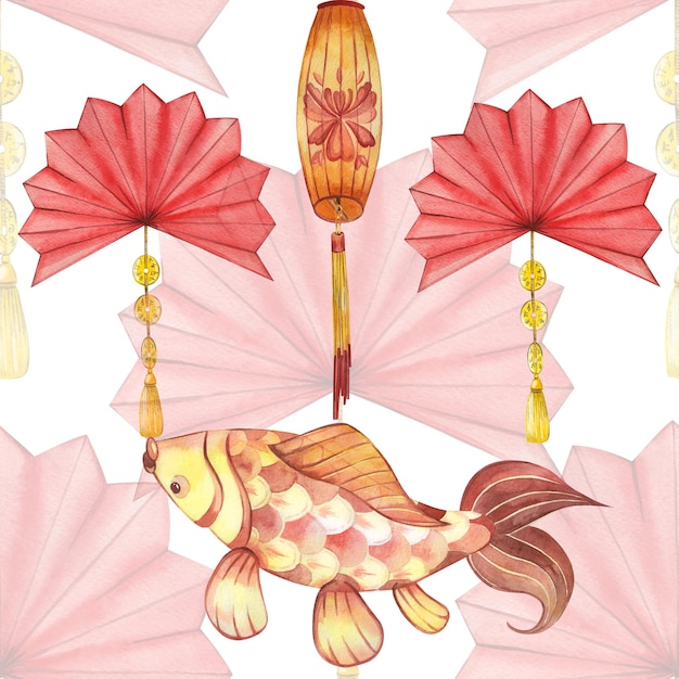 Seamless pattern for chinese new year red paper fans with gold pendants and fringe red and yellow
