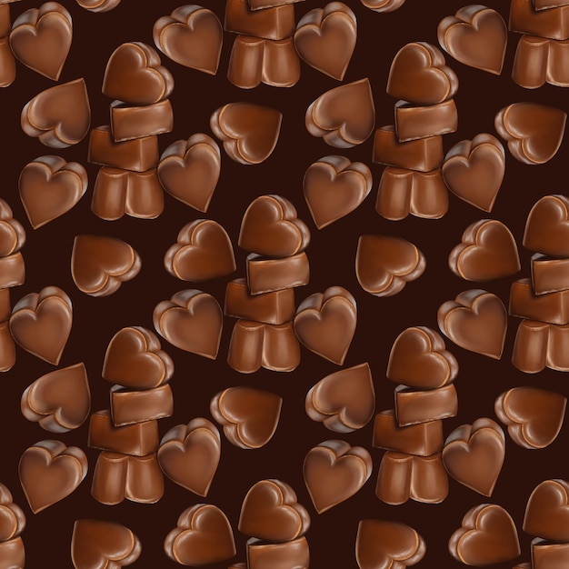 Seamless pattern of chocolate heart shaped candies on dark brown background